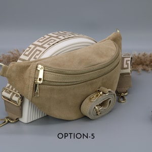 Sac de ventre en cuir taupe en daim pour femmes avec options de sangle à motifs supplémentaires, sac à bandoulière en cuir, sac crossbody avec différentes couleurs image 6