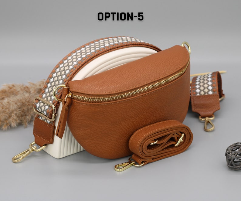 Sac de ventre en cuir doré brun cognac pour femmes avec sangles à motifs supplémentaires, sac à bandoulière en cuir, sac crossbody de différentes tailles Option-5