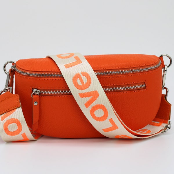 Orange Leather Belly Bag for Women with extra Zippered Pockets, Patterned Strap Options, Leather Shoulder Bag, Crossbody Bag