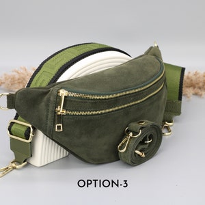 Sac de ventre en cuir suédé vert kaki pour femmes avec options de sangle à motifs supplémentaires, sac à bandoulière en cuir, sac crossbody avec différentes couleurs Option-3
