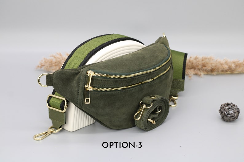 Sac de ventre en cuir suédé vert kaki pour femmes avec options de sangle à motifs supplémentaires, sac à bandoulière en cuir, sac crossbody avec différentes couleurs Option-3