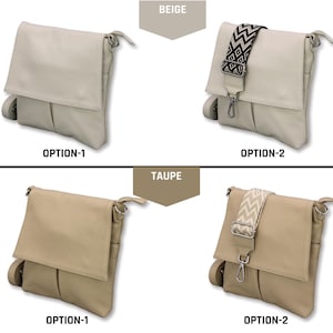 Peut inclure: Quatre sacs &agrave; bandouli&egrave;re en beige et taupe. Les sacs Option 1 ont une bandouli&egrave;re unie, tandis que les sacs Option 2 ont des bandouli&egrave;res &agrave; motifs. Les sacs beiges ont une bandouli&egrave;re noire et blanche, et les sacs taupe ont une bandouli&egrave;re cr&egrave;me et beige. Chaque sac a une fermeture &agrave; rabat.