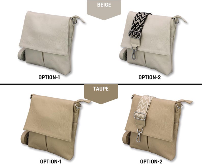 Peut inclure: Quatre sacs &agrave; bandouli&egrave;re en beige et taupe. Les sacs Option 1 ont une bandouli&egrave;re unie, tandis que les sacs Option 2 ont des bandouli&egrave;res &agrave; motifs. Les sacs beiges ont une bandouli&egrave;re noire et blanche, et les sacs taupe ont une bandouli&egrave;re cr&egrave;me et beige. Chaque sac a une fermeture &agrave; rabat.
