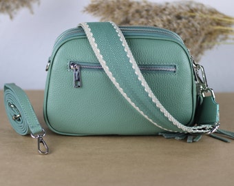 Mintgrüne Leder Umhängetasche für Frauen mit extra gemusterten Trägern, Leder Umhängetasche, Crossbody Tasche mit Reißverschlusstaschen