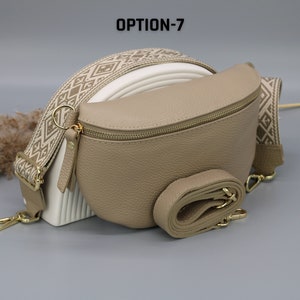 Taupe gouden leren buiktas voor dames met extra patroonriemen, leren schoudertas, crossbodytas met verschillende maten Option-7