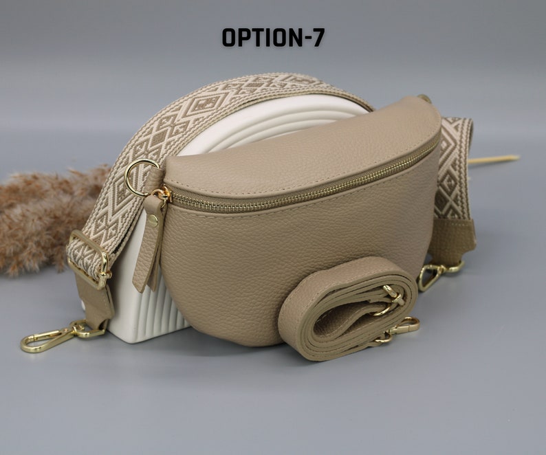 Taupe Gold Leather Belly Bag for Women with extra Patterned Straps, Leather Shoulder Bag, Crossbody Bag with Different Sizes Option-7