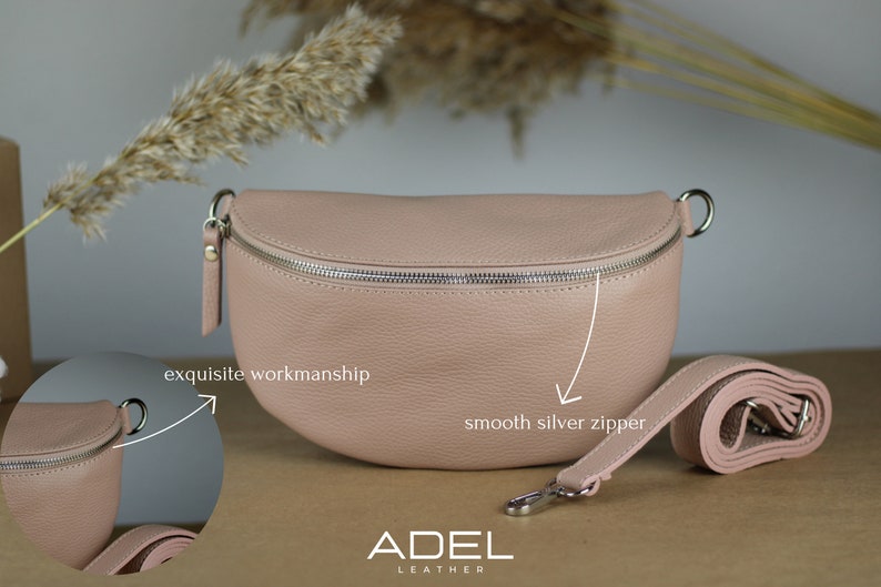 Rose Leder Bauchtasche für Frauen mit extra gemusterten Trägern, Leder Schultertasche, Crossbody Tasche mit verschiedenen Größen, Geschenk für sie Bild 2