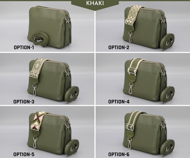 Leren Crossbody schoudertas voor dames met extra patroonriemen, leren schoudertas, Crossbody tas met verschillende kleuren Khaki