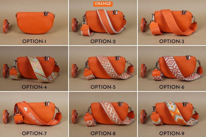Leder Handtasche für Frauen, Kleine Umhängetasche mit extra gemusterten Riemen, 12 verschiedene Farben, Leder Umhängetasche, Geschenk für Sie Orange