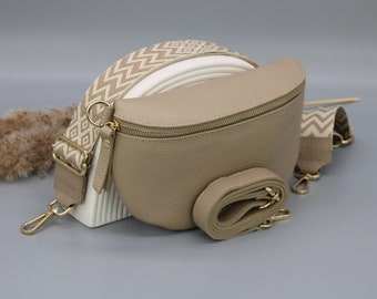 Riñonera de piel color topo dorado para mujer con correas extra estampadas, bolso bandolera de piel, bolso bandolera con diferentes tamaños