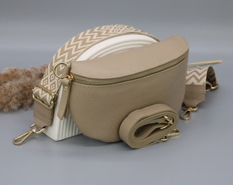 Sac de ventre en cuir doré taupe pour femmes avec sangles à motifs supplémentaires, sac à bandoulière en cuir, sac crossbody de différentes tailles