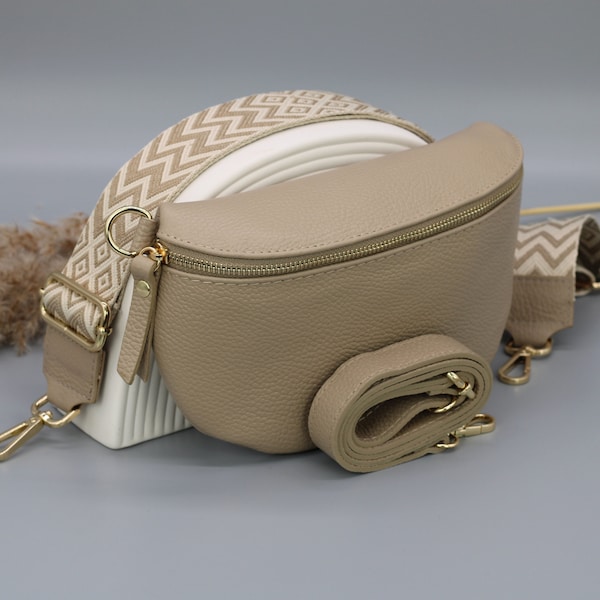 Sac de ventre en cuir doré taupe pour femmes avec sangles à motifs supplémentaires, sac à bandoulière en cuir, sac crossbody de différentes tailles