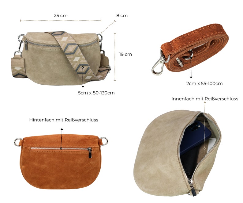 Wildleder Tasche für Frauen mit Reißverschlusstaschen, Leder Schultertasche extra Gemusterte Riemen Optionen, Weihnachtsgeschenk Bild 2