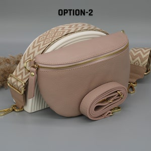 Rose Leder Bauchtasche für Frauen mit goldenem Reißverschluss, extra gemusterte Träger, Leder Schultertasche, Crossbody Tasche mit verschiedenen Größen Bild 3