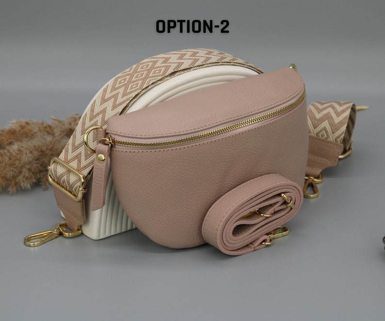 Rose Leder Bauchtasche für Frauen mit goldenem Reißverschluss, extra gemusterte Träger, Leder Schultertasche, Crossbody Tasche mit verschiedenen Größen Bild 3