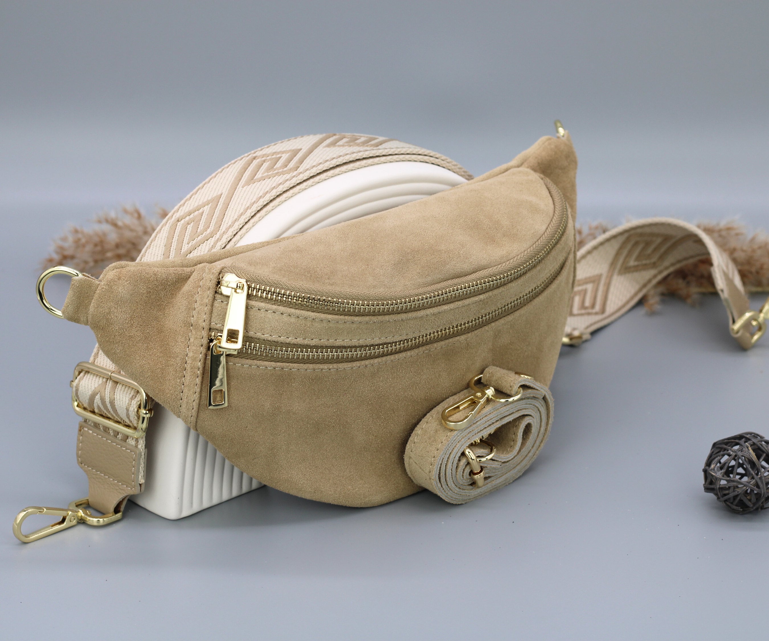 Suede Leather Belly Bag for Women with extra Patterned Strap Options, Leather Shoulder Bag, Crossbody Bag with Different Colors