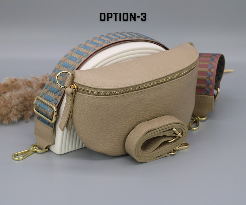 Taupe gouden leren buiktas voor dames met extra patroonriemen, leren schoudertas, crossbodytas met verschillende maten Option-3