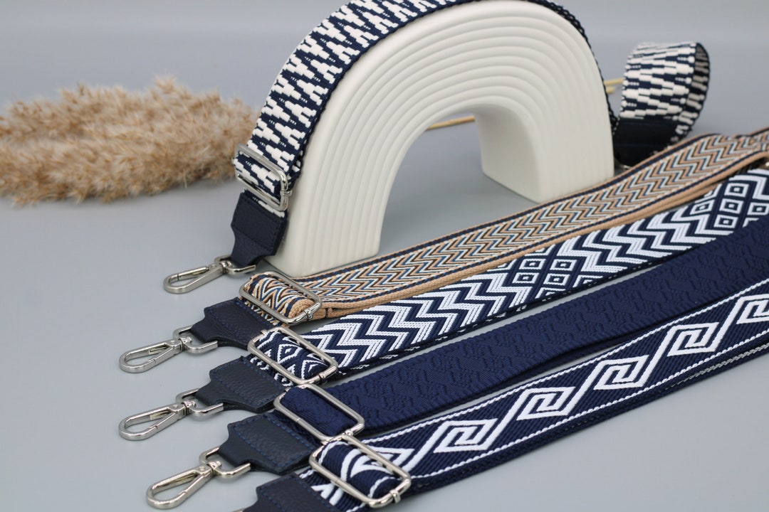 Navy Blue Leather Bag Strap for Women , Patterned Strap for Bags With