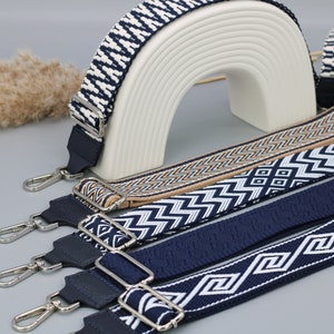 Navy Blue Leather Bag Strap for Women , Patterned Strap for Bags with silver Hardware, Wide Strap Shoulder Strap, camera bag straps image 1