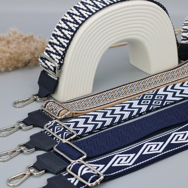 Navy Blue Leather Bag Strap for Women , Patterned Strap for Bags with silver Hardware, Wide Strap Shoulder Strap, camera bag straps