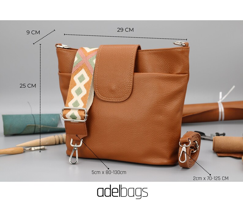 Leren Crossbody schoudertas voor dames met extra patroonriemen, leren schoudertas, Crossbody tas met verschillende kleuren afbeelding 2