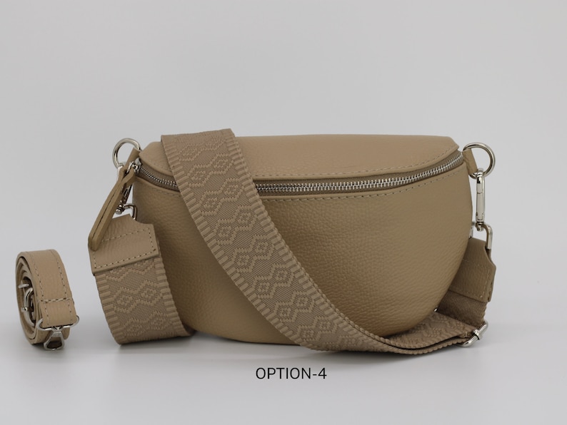 Taupe Leder Bauchtasche für Frauen mit extra gemusterten Trägern, Leder Schultertasche, Crossbody Tasche mit verschiedenen Größen Option-4