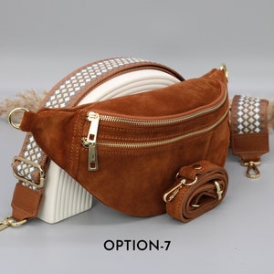 Sac de ventre en cuir en daim brun cognac pour femmes avec options de sangle à motifs supplémentaires, sac à bandoulière en cuir, sac crossbody avec différentes couleurs image 8