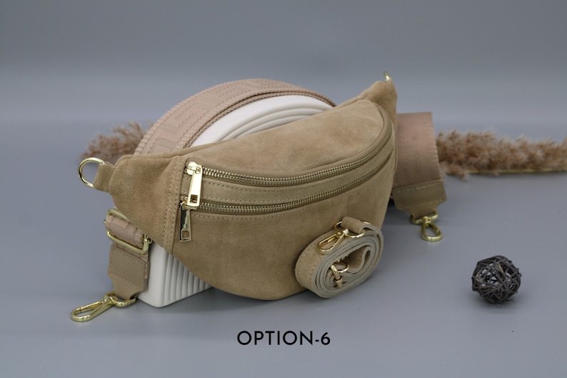 Sac de ventre en cuir taupe en daim pour femmes avec options de sangle à motifs supplémentaires, sac à bandoulière en cuir, sac crossbody avec différentes couleurs image 7