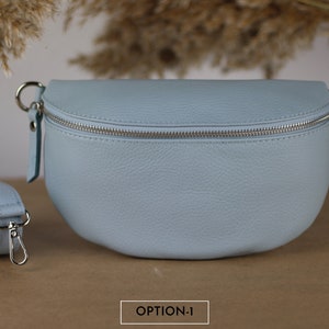 Sac ventre en cuir bleu clair pour femme avec bretelles à motifs supplémentaires, sac à bandoulière en cuir, sac à bandoulière de différentes tailles Option-1