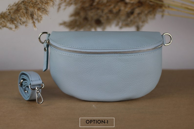 Light Blue Leather Belly Bag for Women with extra Patterned Straps, Leather Shoulder Bag, Crossbody Bag with Different Sizes Option-1