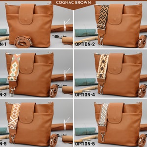 Bolso bandolera de cuero para mujer con correas extra estampadas, bolso bandolera de cuero, bolso bandolera con diferentes colores Cognac Brown