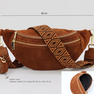 Sac de ventre en cuir en daim brun cognac pour femmes avec options de sangle à motifs supplémentaires, sac à bandoulière en cuir, sac crossbody avec différentes couleurs image 10