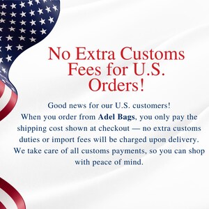 a red and white American flag, with a message stating "No Extra Customs Fees for U.S. Orders!"