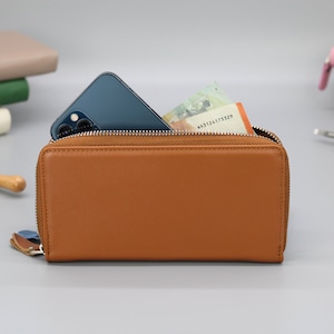 Slanke leren portemonnee voor dames, gepersonaliseerde telefoonportemonnee met kaartsleuven met muntvak met ritssluiting, damestas, cadeau voor haar