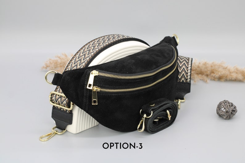 Sac de ventre en cuir suédé noir pour femmes avec options de sangle à motifs supplémentaires, sac à bandoulière en cuir, sac crossbody avec différentes couleurs Option-3