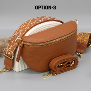 Sac de ventre en cuir doré brun cognac pour femmes avec sangles à motifs supplémentaires, sac à bandoulière en cuir, sac crossbody de différentes tailles Option-3