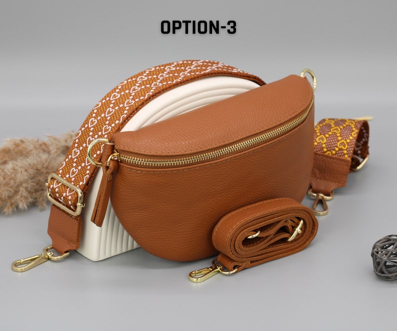 Sac de ventre en cuir doré brun cognac pour femmes avec sangles à motifs supplémentaires, sac à bandoulière en cuir, sac crossbody de différentes tailles Option-3