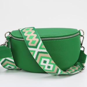 Green Leather Belly Bag for Women with extra Patterned Straps, Leather Shoulder Bag, Crossbody Bag with Different Sizes