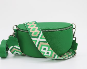 Green Leather Belly Bag for Women with extra Patterned Straps, Leather Shoulder Bag, Crossbody Bag with Different Sizes