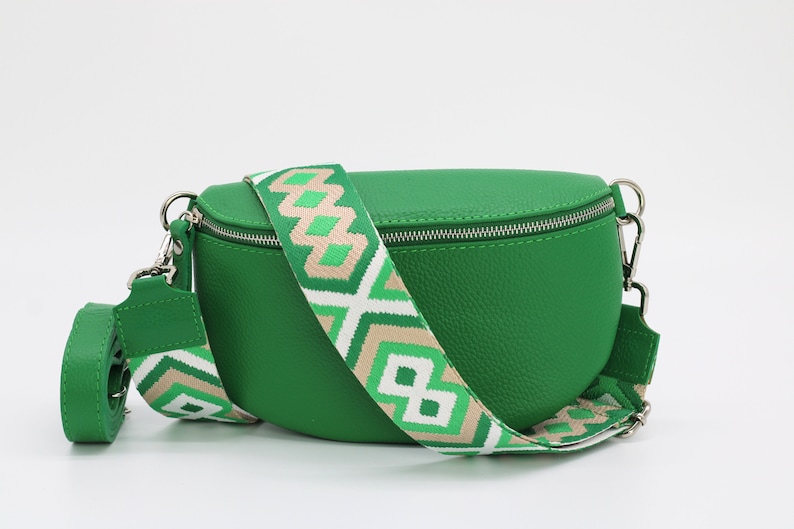 Green Leather Belly Bag for Women with extra Patterned Straps, Leather Shoulder Bag, Crossbody Bag with Different Sizes