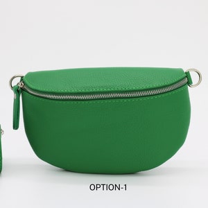 Grüne Leder Bauchtasche für Frauen mit extra gemusterten Trägern, Leder Schultertasche, Crossbody Tasche mit verschiedenen Größen Bild 2