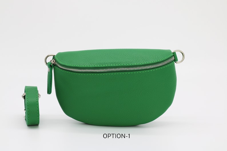 Grüne Leder Bauchtasche für Frauen mit extra gemusterten Trägern, Leder Schultertasche, Crossbody Tasche mit verschiedenen Größen Bild 2