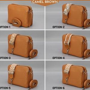 Leren Crossbody schoudertas voor dames met extra patroonriemen, leren schoudertas, Crossbody tas met verschillende kleuren Camel Brown