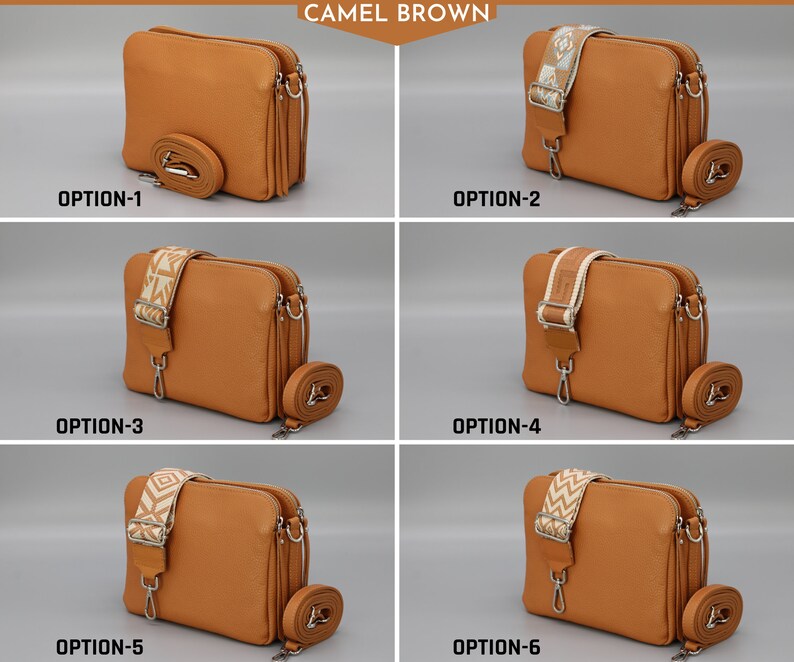 Leren Crossbody schoudertas voor dames met extra patroonriemen, leren schoudertas, Crossbody tas met verschillende kleuren Camel Brown