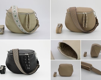 Leren buiktas voor dames met extra bandjes met patroon, leren schoudertas met ritszakken, crossbody tas