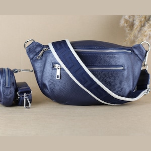 Marine-Blau-Leder-Bauchtasche für Frauen mit Geldbörse, extra gemusterten Riemen, Umhängetasche, Geschenk für Sie