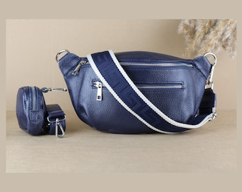 Marineblaue Leder Bauchtasche für Frauen mit Münzbörse, extra gemusterte Träger, Crossbody Bag, Geschenk für sie