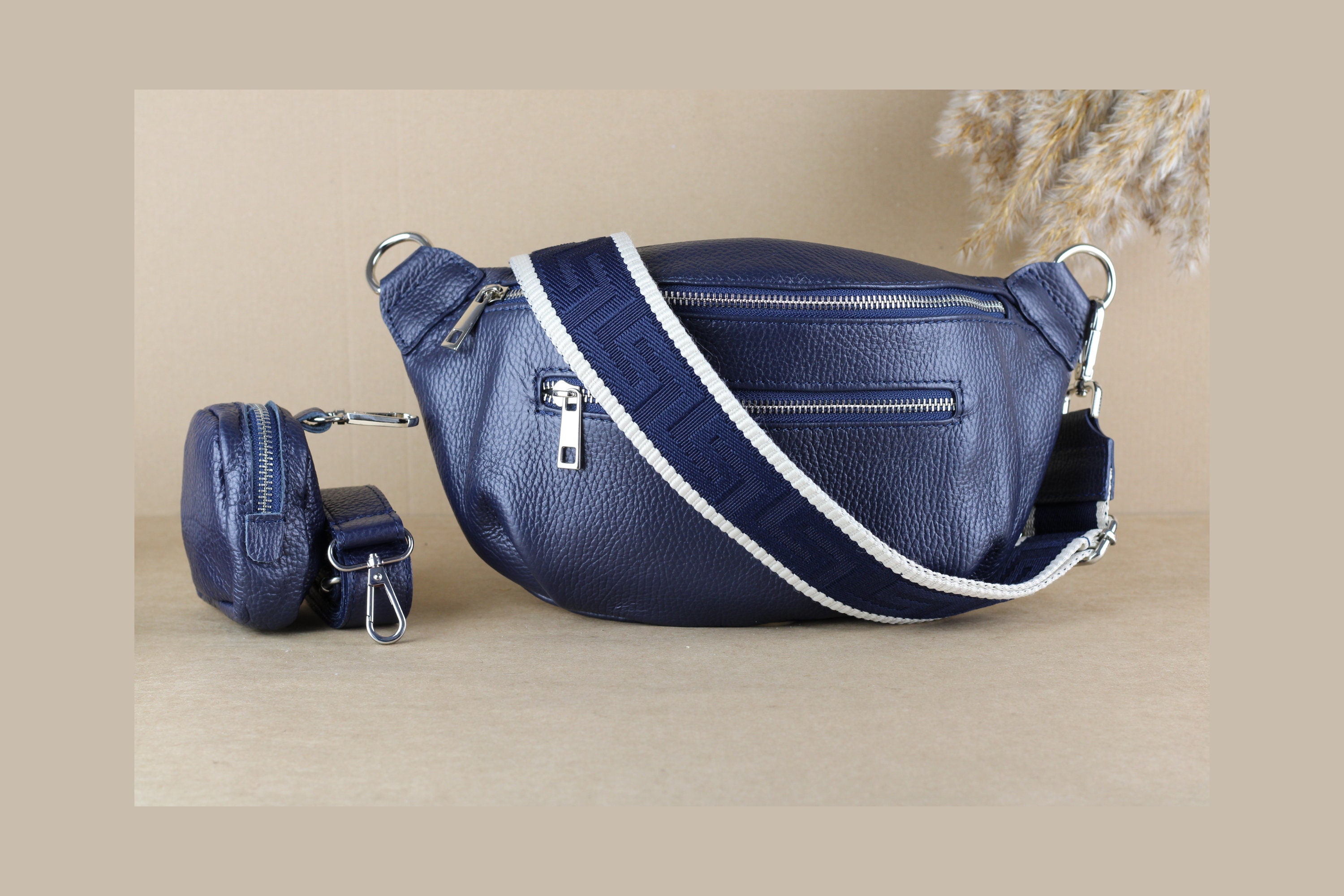Navy Blue Leather Belly Bag for Women with coin wallet , extra Patterned Straps,  Crossbody Bag, gift for her