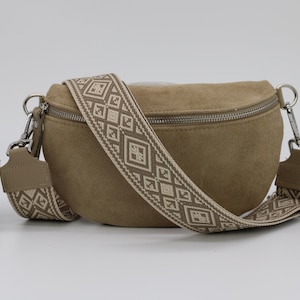 Wildleder Taupe Leder Bauchtasche für Frauen mit extra gemusterten Riemen, Leder Schultertasche, Crossbody Tasche mit verschiedenen Größen