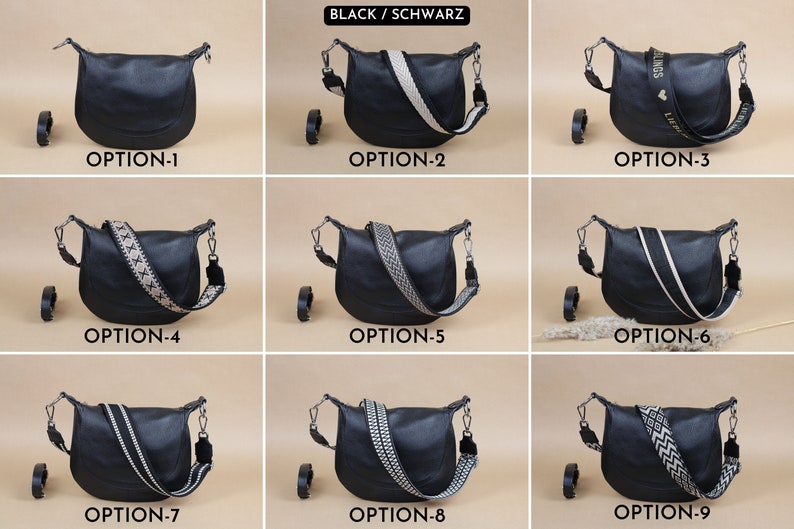 Sac à bandoulière en cuir pour femmes avec sangles à motifs supplémentaires, sac crossbody en cuir, sac crossbody avec différentes couleurs, cadeau pour elle Black